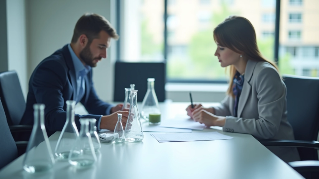 Business professionals in formal meeting discussing contract terms with product samples on conference table, negotiation in progress
