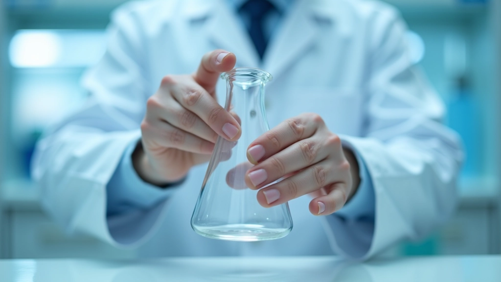 Close-up of proper two-handed grip technique for holding laboratory glassware, showing correct hand positioning and support for safe transport