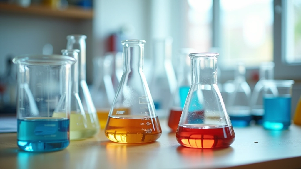 Modern laboratory workspace with various glassware setups, beakers filled with colored liquids on a bench