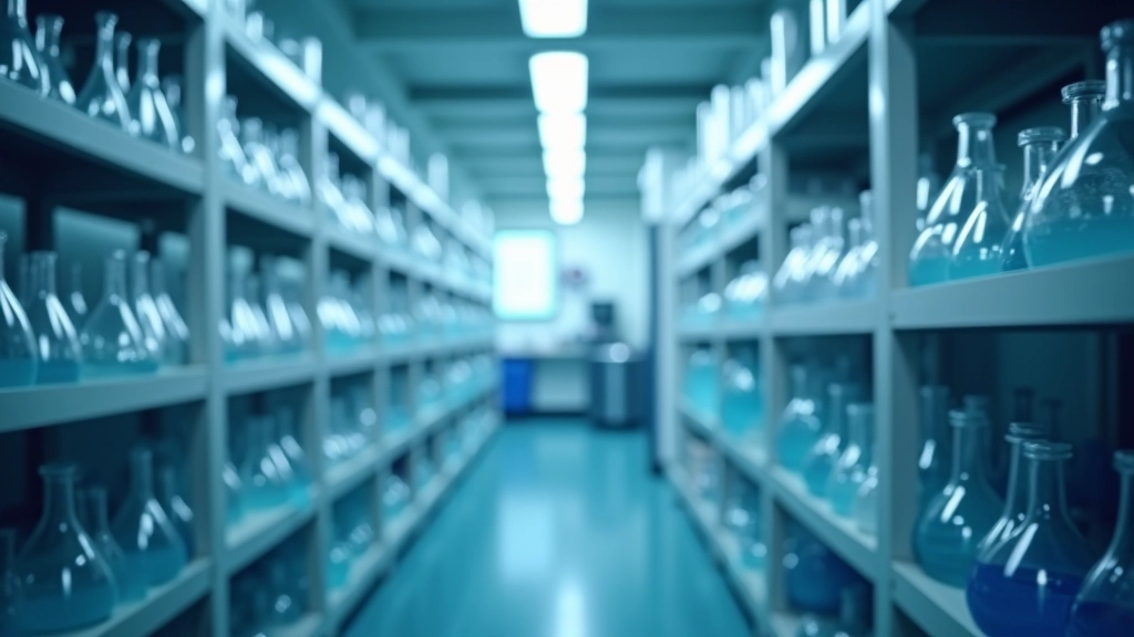 Well-organized laboratory storage area with glass beakers and flasks arranged systematically on shelves, demonstrating proper spacing and temperature-controlled environment