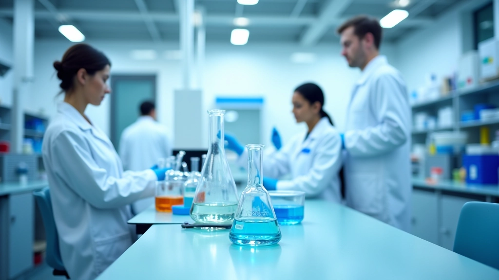 Professional laboratory workspace with modern equipment and organized glassware storage