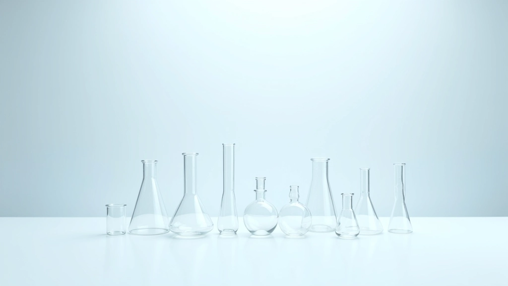 Variety of laboratory glassware including flasks, beakers, graduated cylinders arranged on white laboratory table showing different sizes and types