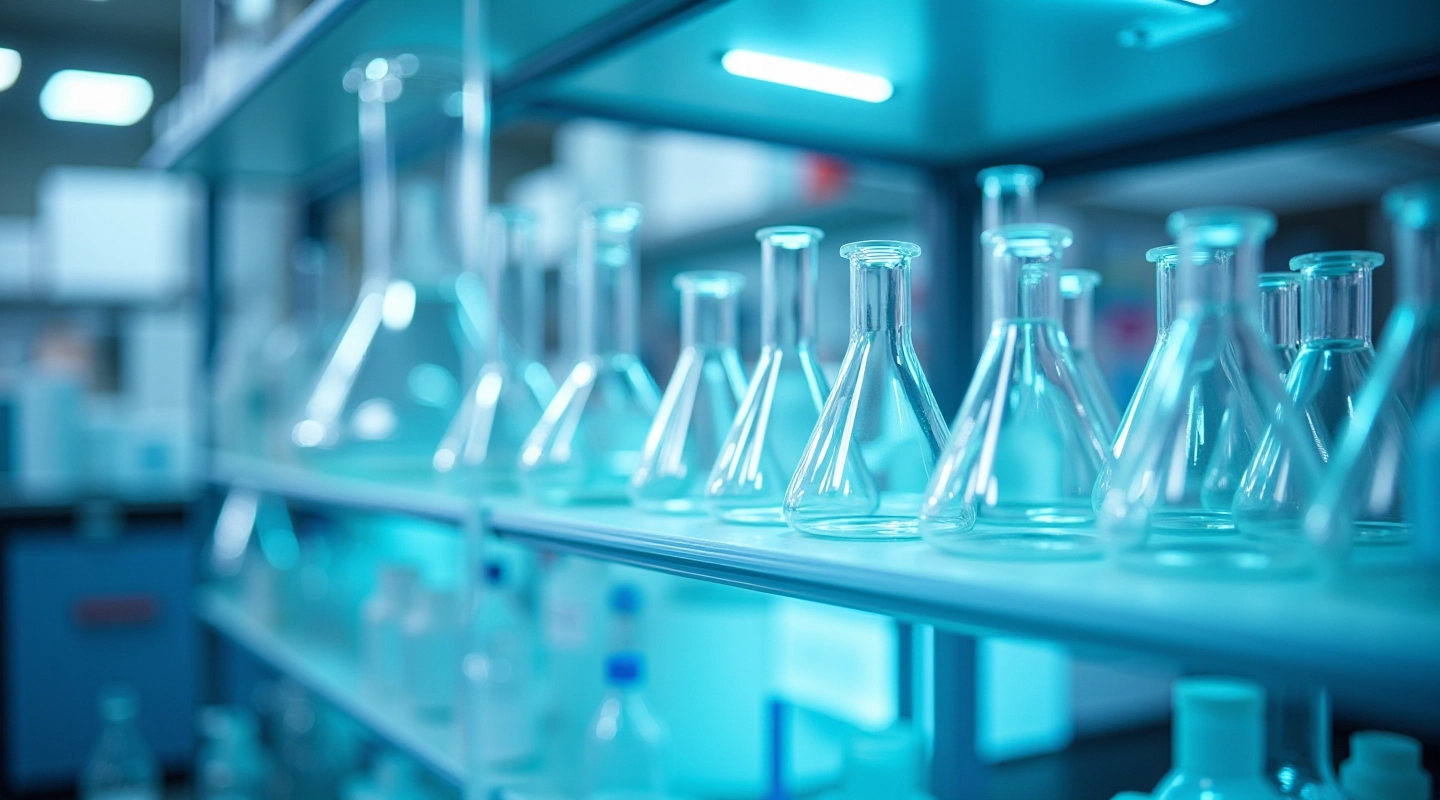 Rows of clear borosilicate glass flasks and beakers arranged on laboratory shelving unit