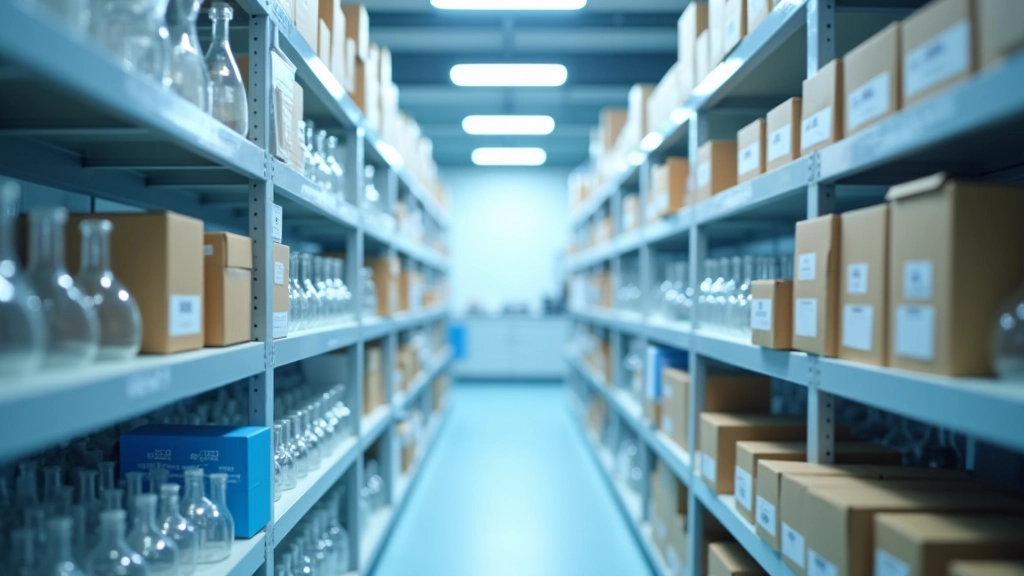 Organized laboratory storage room with color-coded shelving system for different glassware types and sizes, efficient inventory management setup