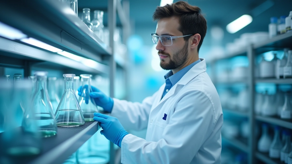 Laboratory technician carefully organizing glass beakers and flasks on organized shelving, wearing appropriate safety equipment and demonstrating proper storage height positioning