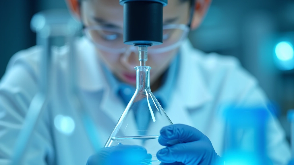 Close-up of laboratory worker inspecting glassware quality under bright light with magnifying glass