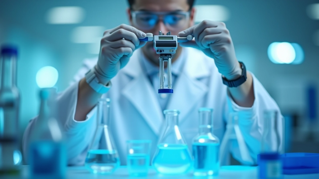 Laboratory technician using calibration tools to measure glassware dimensions with precision instruments