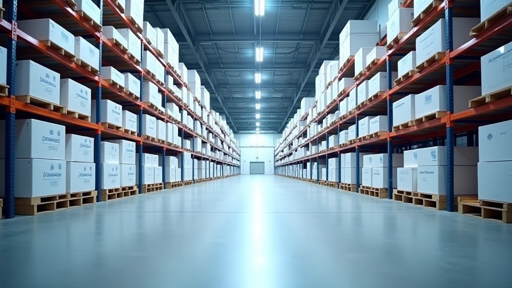 Wholesale storage warehouse with stacked boxes of laboratory equipment and glassware organized on industrial shelving