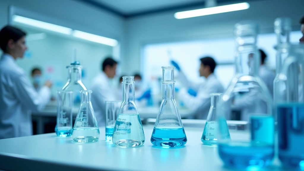 Modern chemistry laboratory workspace with equipment setup, glassware positioned safely away from edges, organized workstation