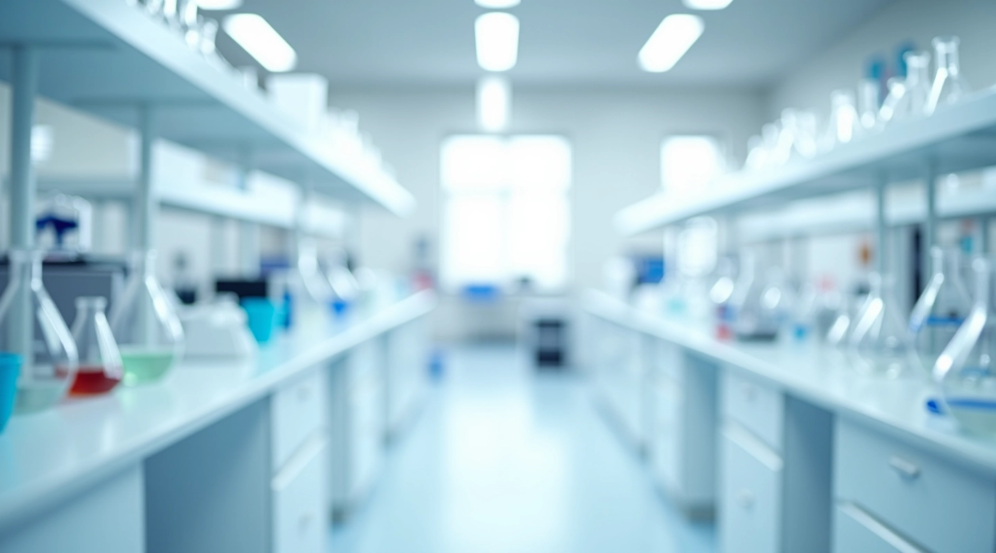 Modern laboratory workspace with borosilicate glassware and scientific equipment arranged on white shelving