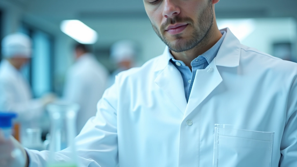 Laboratory technician working with various borosilicate flasks and beakers during experiment, hands visible handling equipment carefully