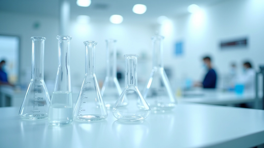 Quality control laboratory setup with volumetric glassware, measuring instruments, and documentation forms