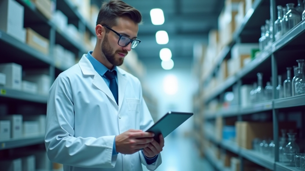 Laboratory technician using inventory management system on tablet while checking stocked glassware on shelving unit in organized storage area