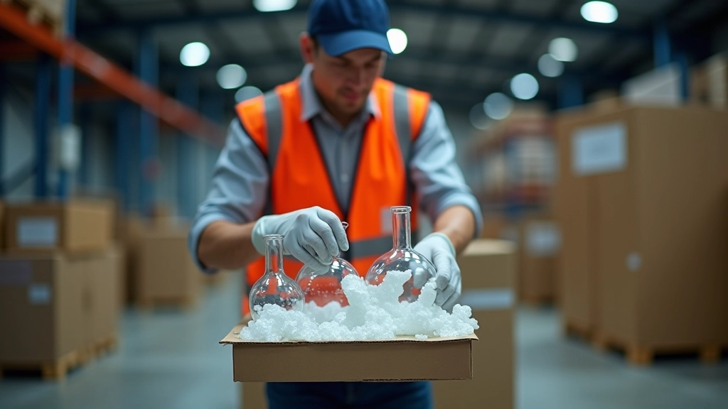 Logistics warehouse worker carefully packing laboratory glassware with protective materials into shipping boxes with warning labels